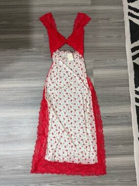 Free People Red Floral Lace-Trim Slip Dress